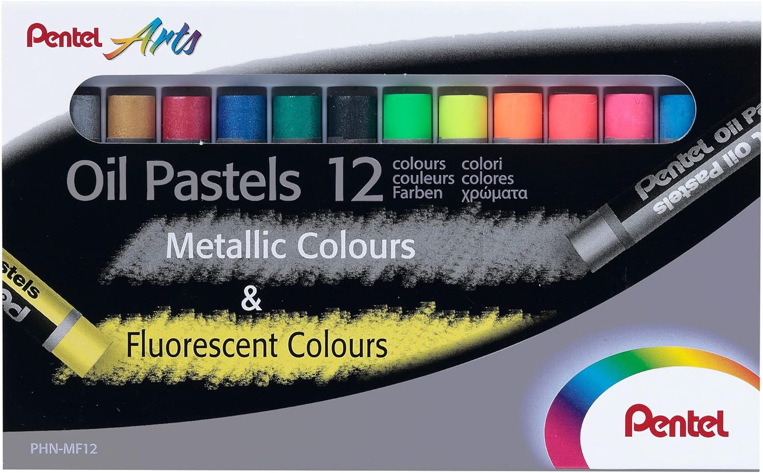 Pentel Oil Pastels Pack de 12 Pasteles Oleo - 6 Metalicos y 6 Fluorescentes - Blandos, Cremosos y de