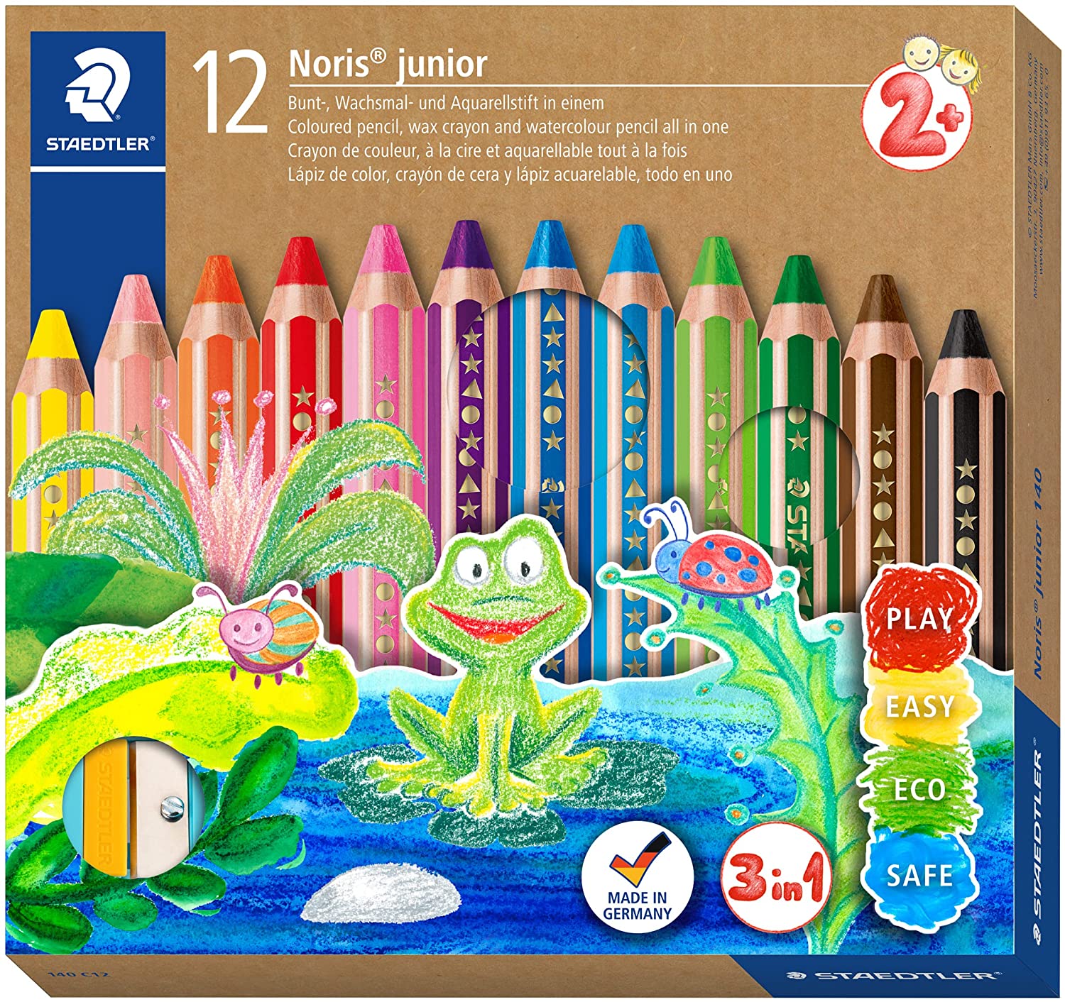 Staedtler Noris Junior Pack de 12 Lapices de Colores Extragruesos + Sacapuntas - 3 en 1, Lapiz, Cera