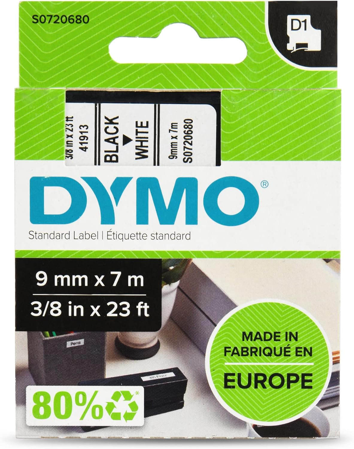 Dymo D1 40913 Cinta de Etiquetas Original para Rotuladora - Texto negro sobre fondo blanco - Ancho 9