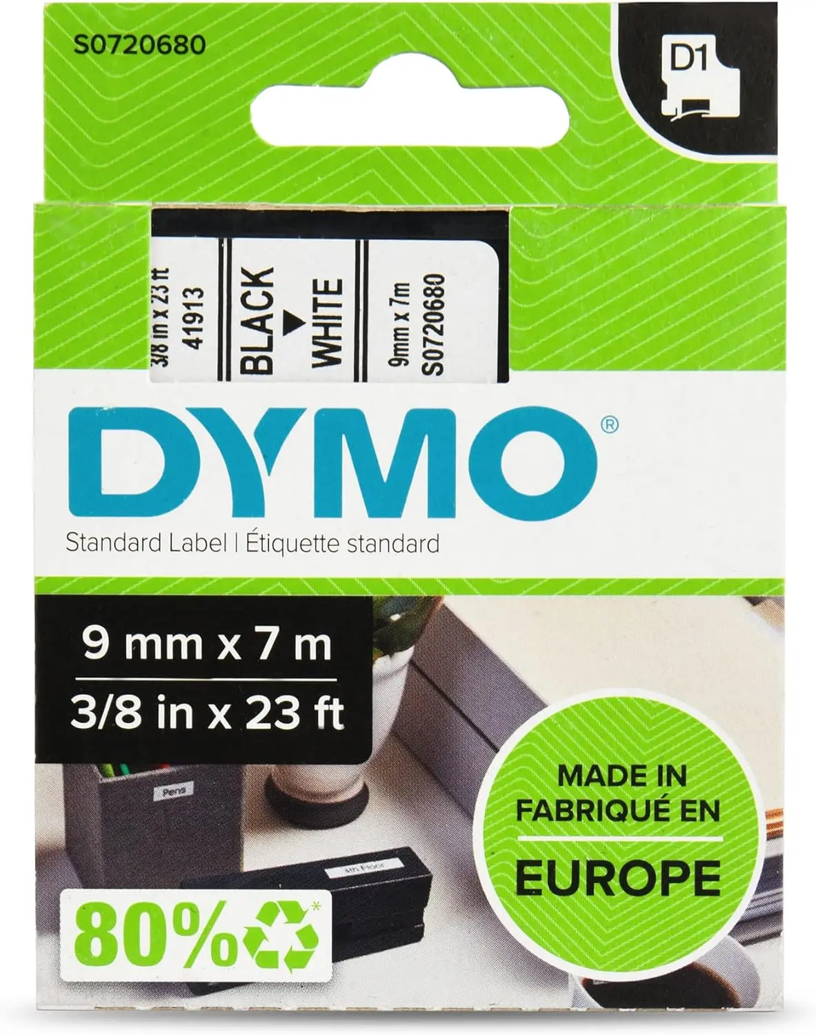 Dymo D1 40913 Cinta de Etiquetas Original para Rotuladora - Texto negro sobre fondo blanco - Ancho 9