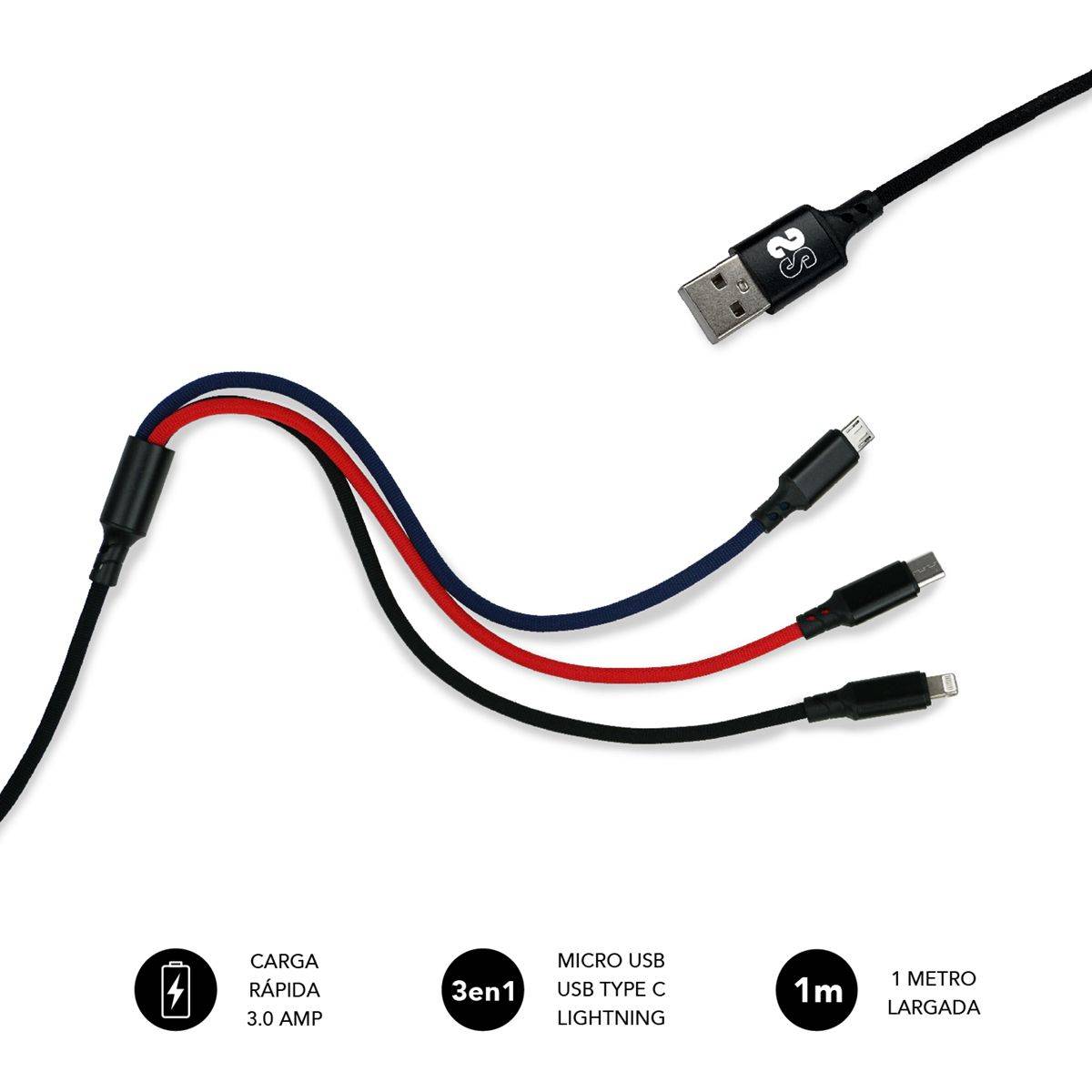 Subblim Cable de Carga 3 en 1 - Alta Velocidad de Carga - Compatible con Android/Ios - Carga Simulta