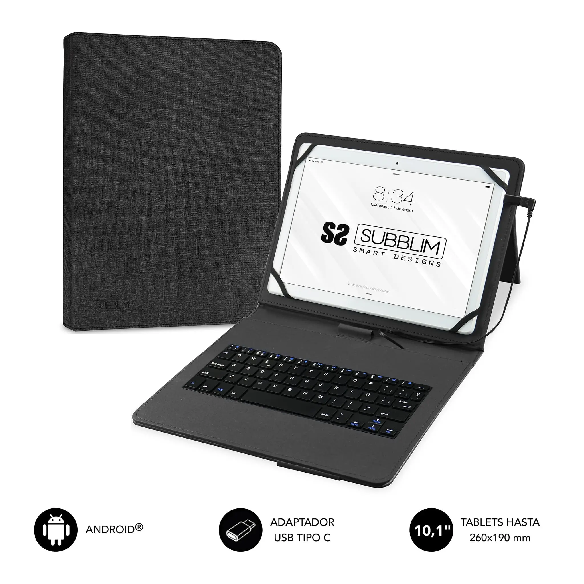Subblim Keytab Pro USB - Teclado con Funda Universal para Tablets - Comodidad y Flexibilidad al Escr