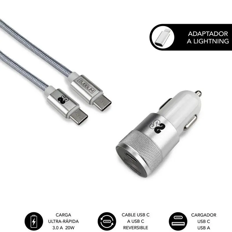 Subblim Cargador Coche Dual PD20W+QC3.0+C to C/Lightning cable - 20W - Carga r�pida simult�nea - Cab