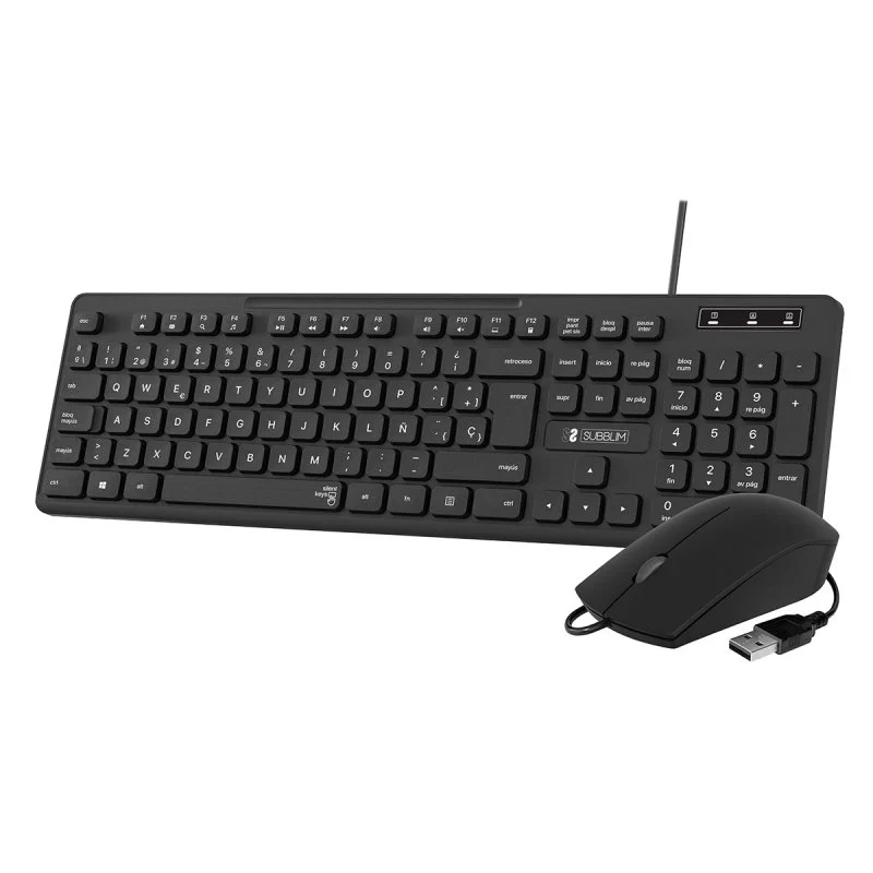 Subblim Combo Business Slim Silencioso con Cable USB - Teclado y Raton - Teclas Ergonomicas de Bajo 