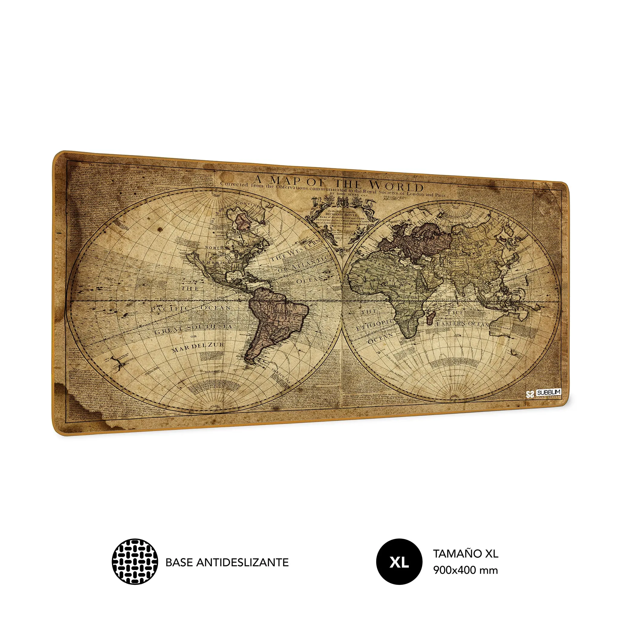 Subblim Alfombrilla de Escritorio Mapa Del Mundo Vintage - Tama�o 900x400x3mm - Espacio para Raton y
