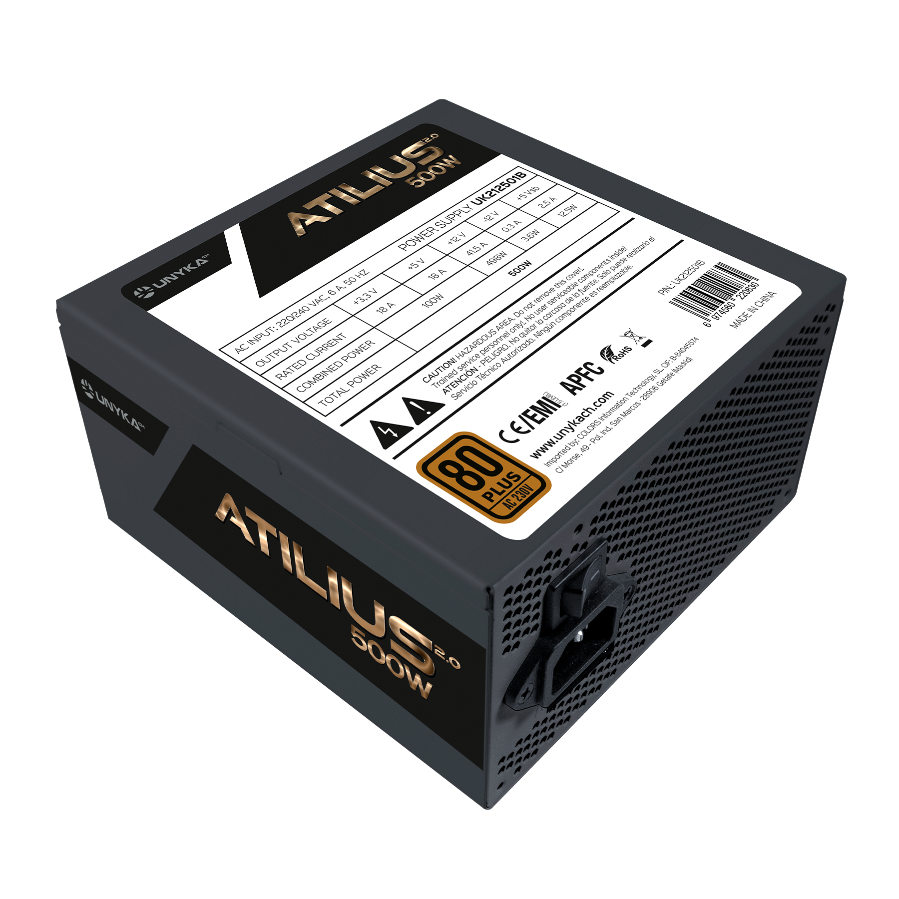 Unykach Atilius 2.0 Black 500W 80 Plus Bronze Fuente de Alimentacion 500W ATX 2.3 - APFC - Ventilado