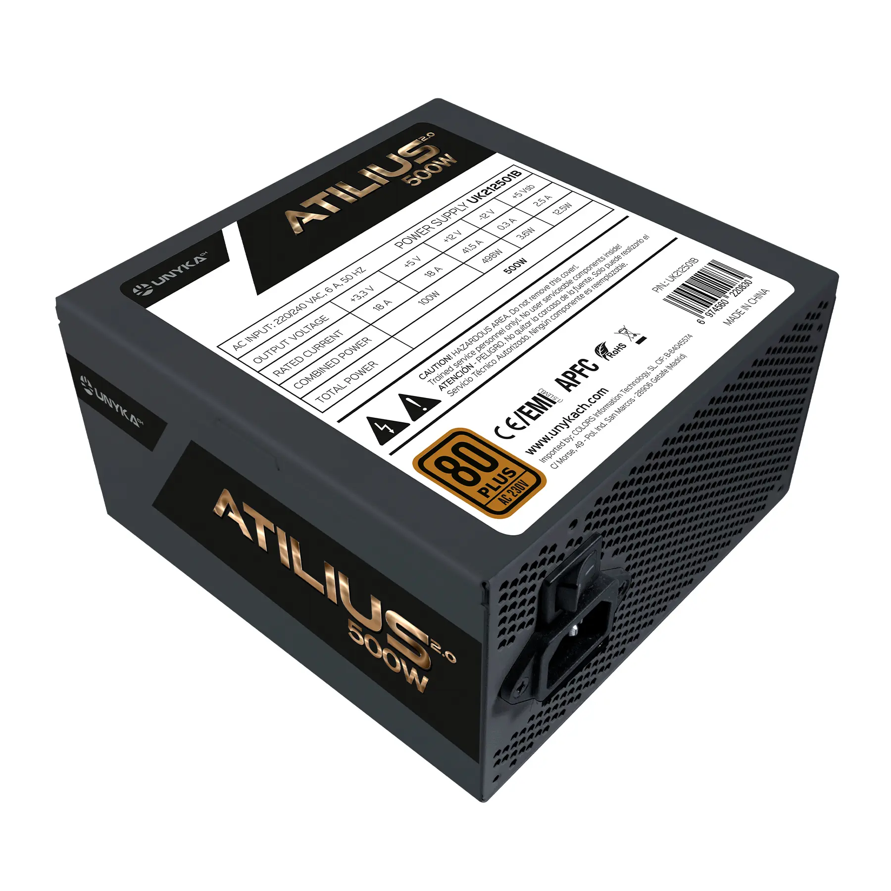Unykach Atilius 2.0 Black 500W 80 Plus Bronze Fuente de Alimentacion 500W ATX 2.3 - APFC - Ventilado