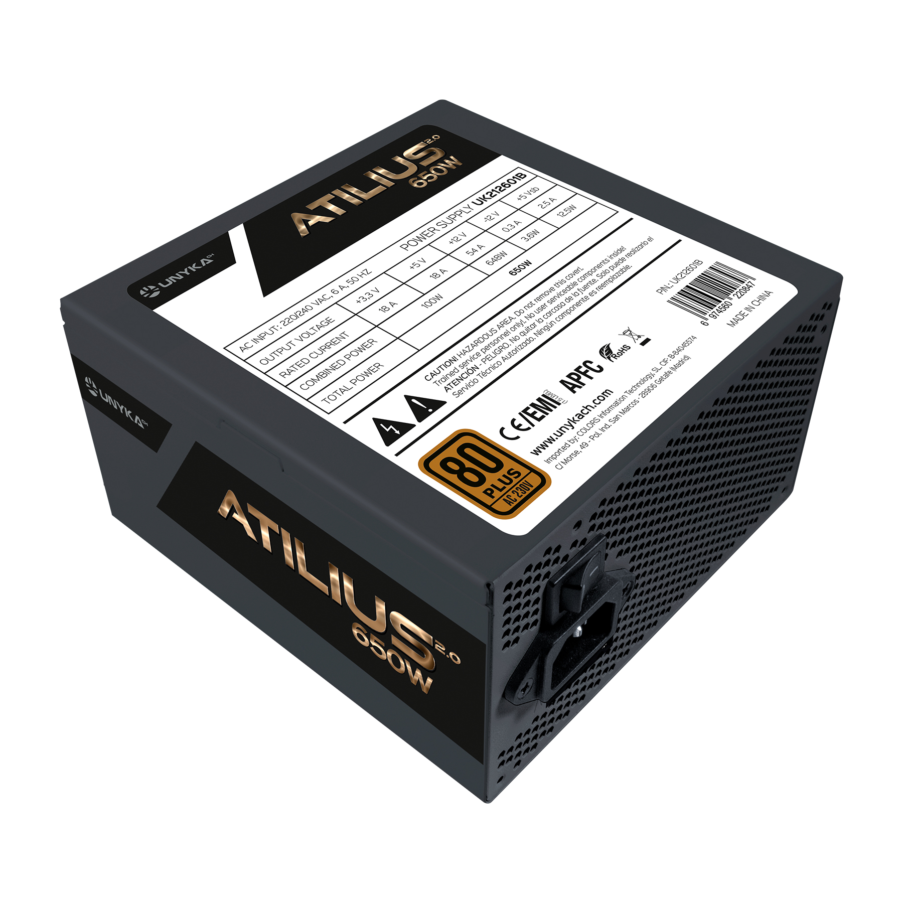 Unykach Atilius 2.0 Black 650W 80 Plus Bronze Fuente de Alimentacion 650W ATX 2.3 - APFC - Ventilado