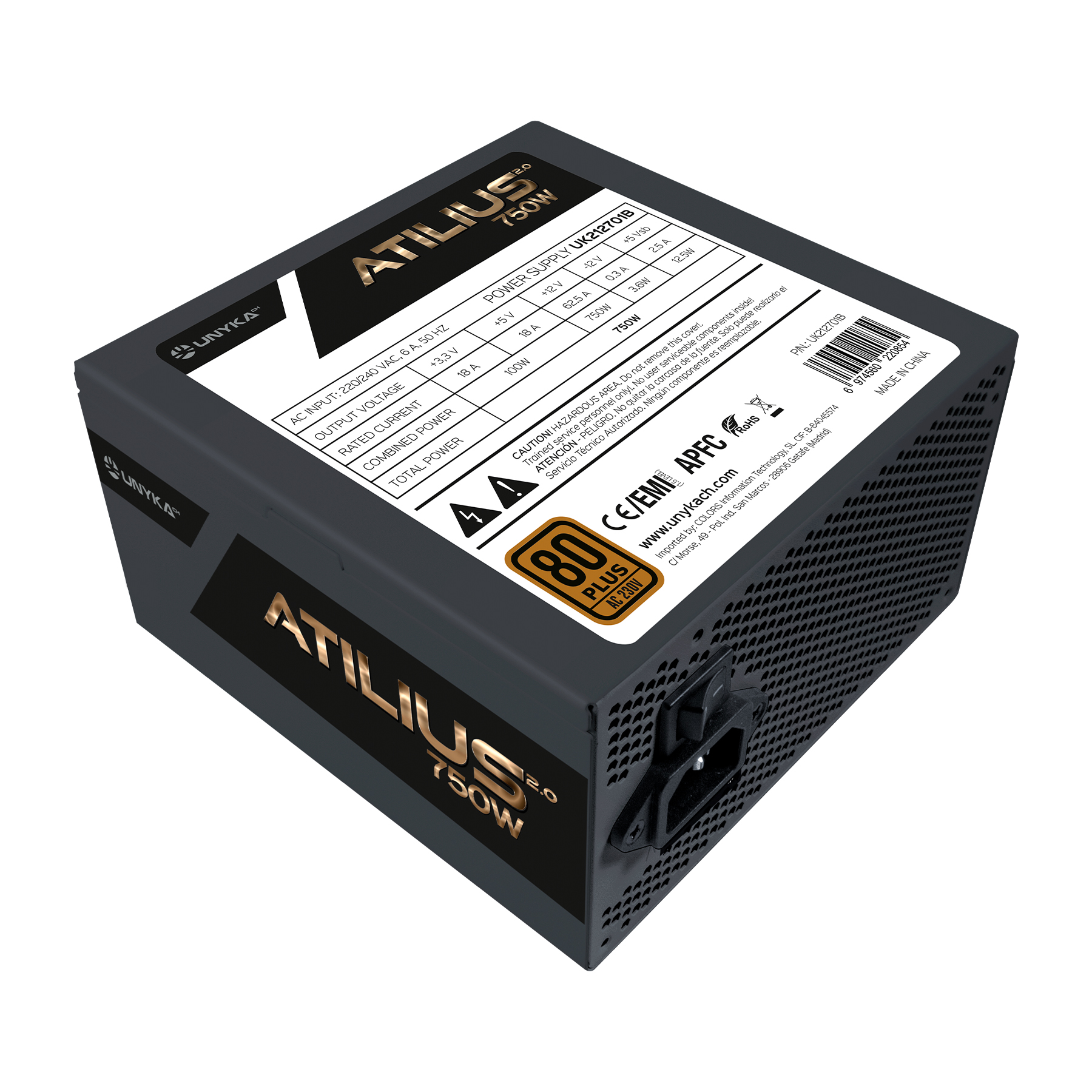 Unykach Atilius 2.0 Black 750W 80 Plus Bronze Fuente de Alimentacion 750W ATX 2.3 - APFC - Ventilado