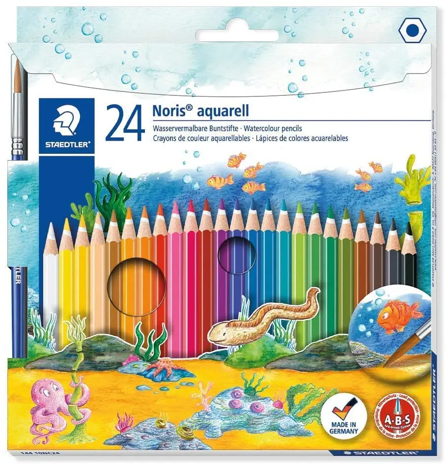 Staedtler Noris Aquarell Pack de 24 Lapices Hexagonales de Colores + Pincel - Madera de Bosques Sost