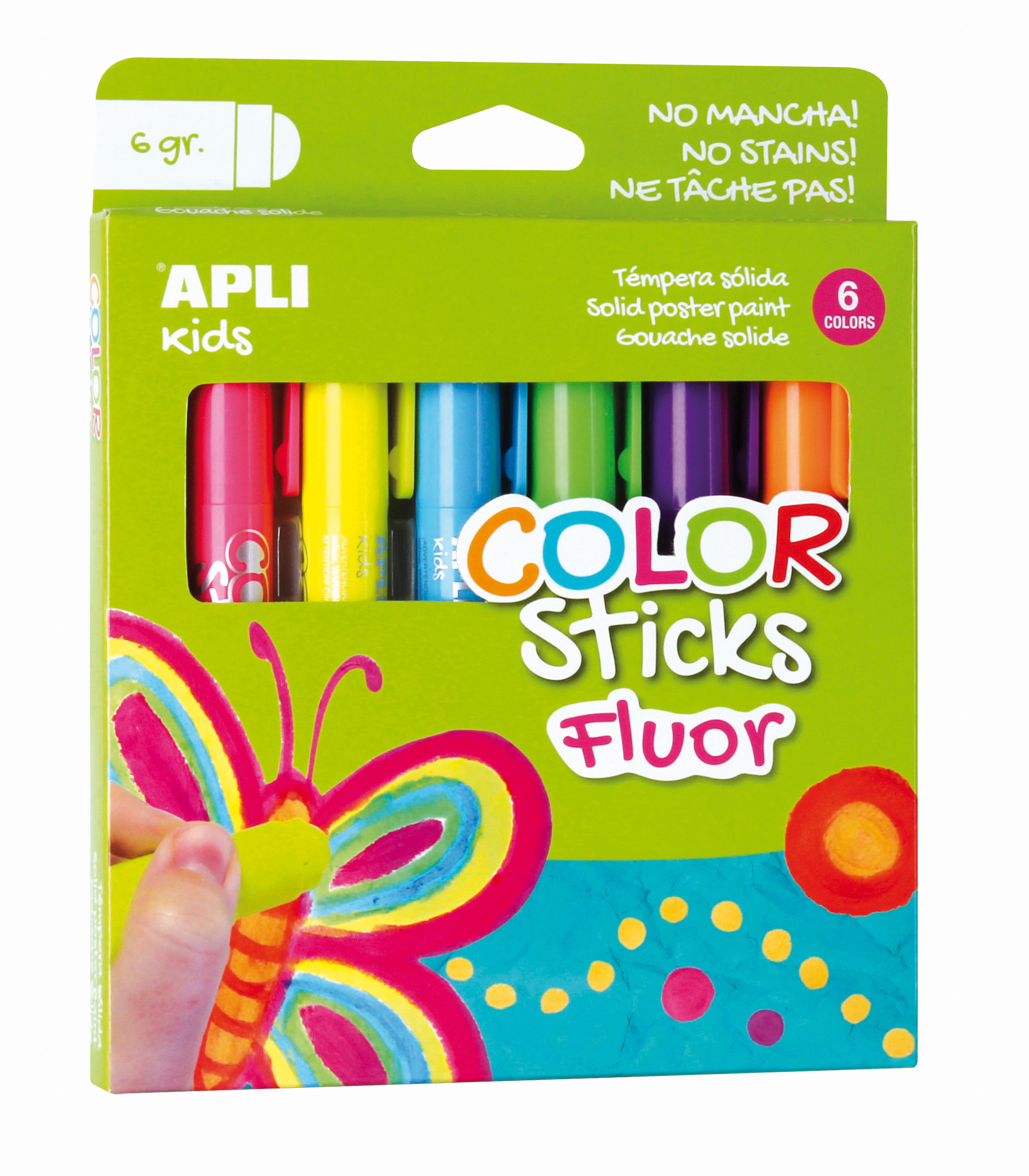 Apli Color Sticks Temperas Solidas Fluorescentes - Pack 6 Unidades de 6g - Acabado Satinado sin Nece