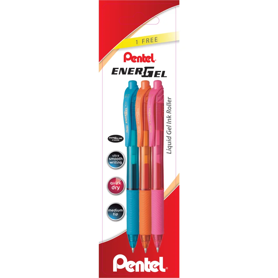 Pentel EnerGel X Pack de 3 Boligrafos de Bola Retractiles Tinta Gel - Punta 0.7mm - Trazo 0.35mm - R
