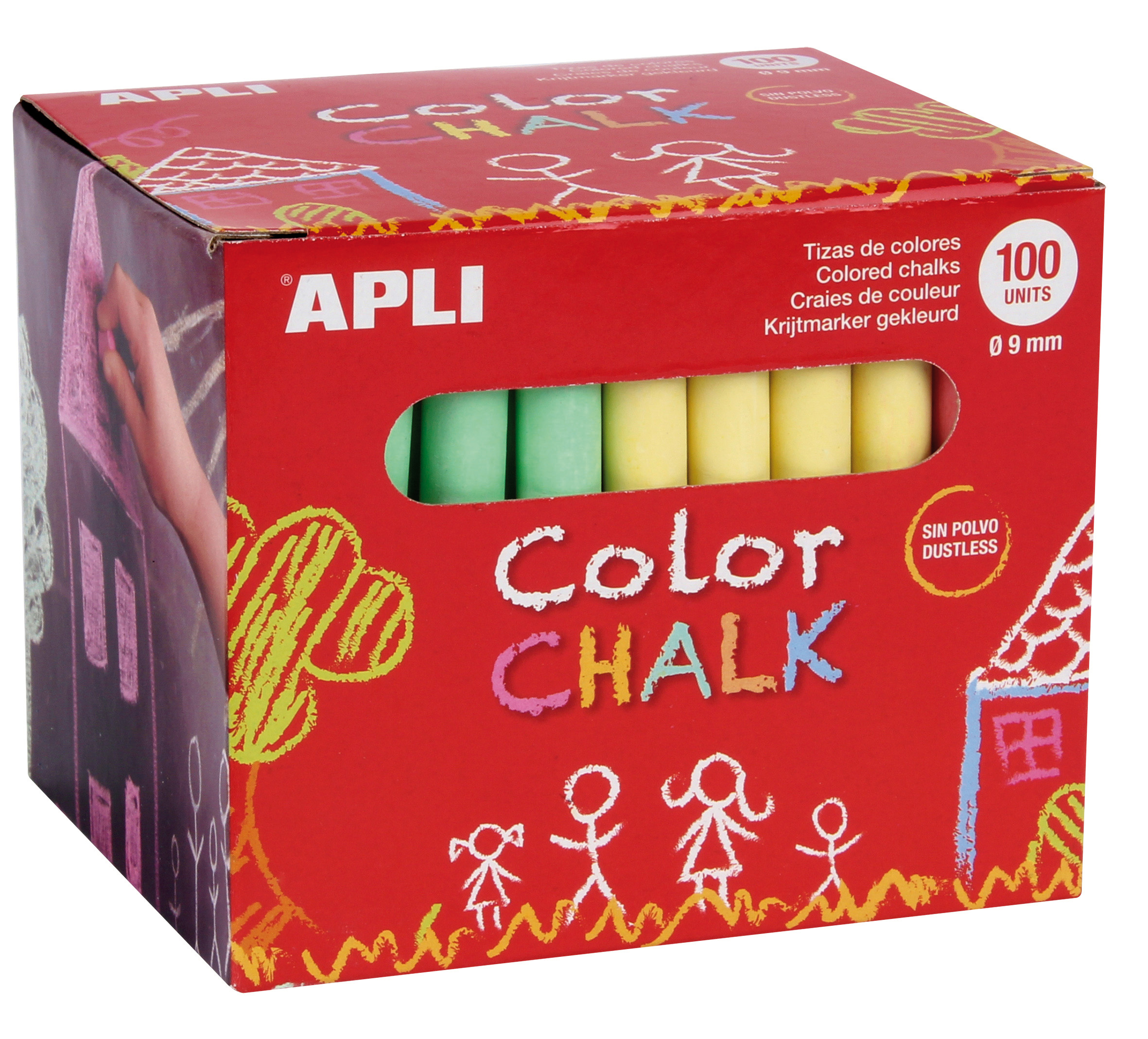 Apli Tizas Redondas de Colores Surtidos - Pack de 100 Tizas � 9 x 80mm - sin Polvo - Ideales para Es