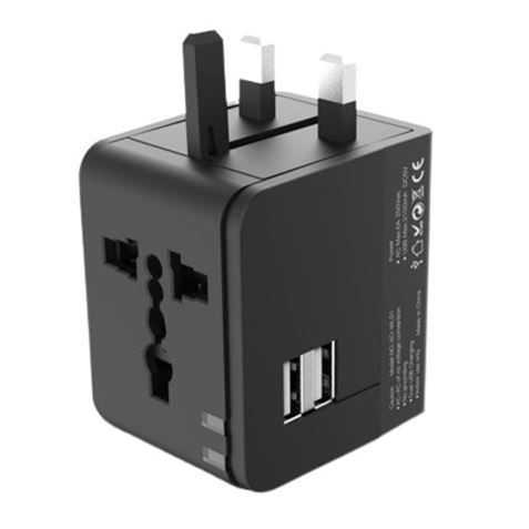 XO Adaptador de Viaje Universal - Voltaje 110V-240V - 2 Puertos USB 2.1Amp - Conexiones para UK, EU,
