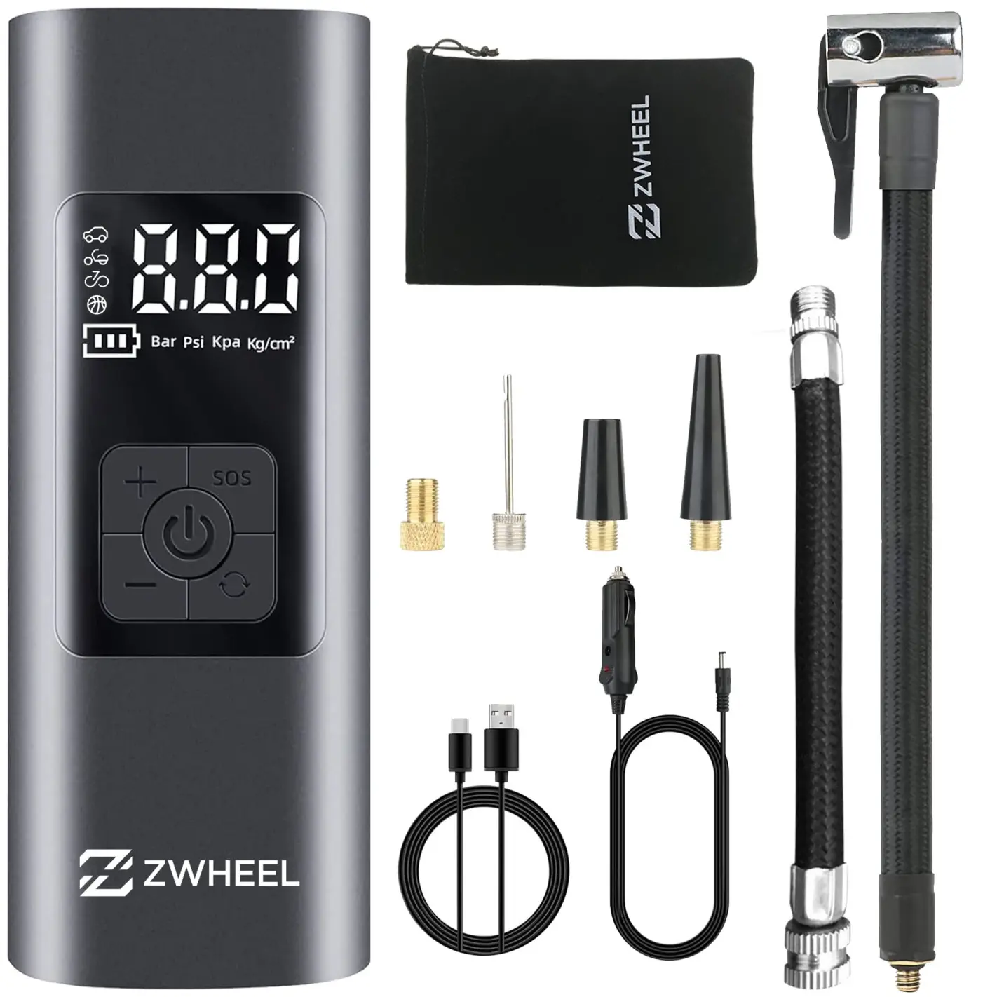 Zwheel Compresor de Aire Portatil 60W - Pantalla LED - Presi�n Max. 150psi - Foco de Alumbrado LED -