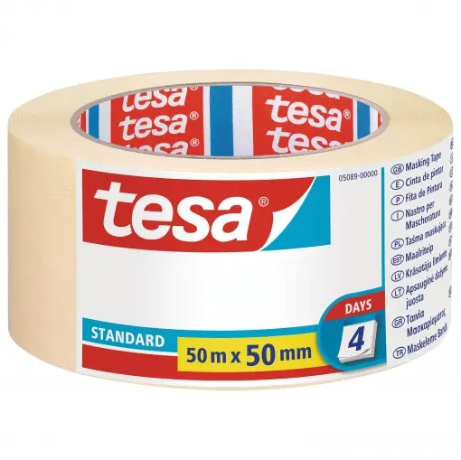 Tesa Standard Cinta de Pintor 50mm x 50m - Fabricada en Papel - Libre de Disolventes - No deja Resid