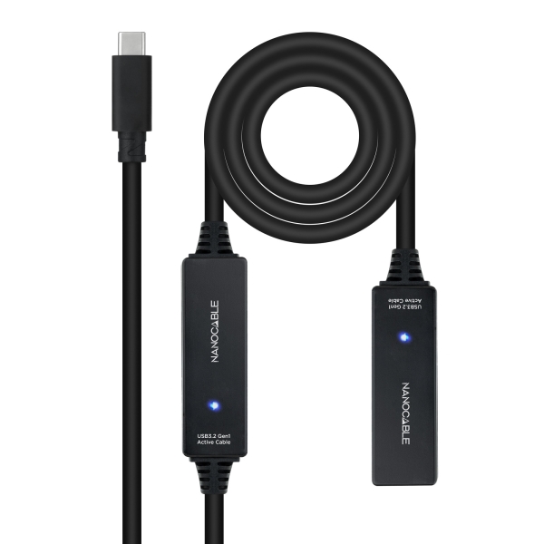 Nanocable Cable Prolongador USB-C 3.2 Macho a USB-C 3.2 Hembra - 10 Metros - Amplificador - Color Ne