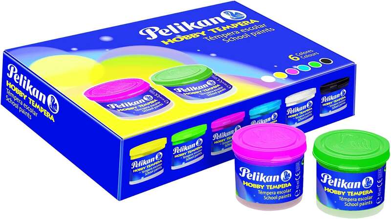 Pelikan Pack de 6 Botes de Tempera 40ml + Pincel - Consistencia Pastosa - Resistente a la Luz - Colo