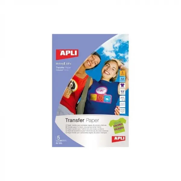 Apli Pack de 5 Hojas de Papel Transfer para Impresoras Inkjet - Ideal para Prendas de Color - Perfec