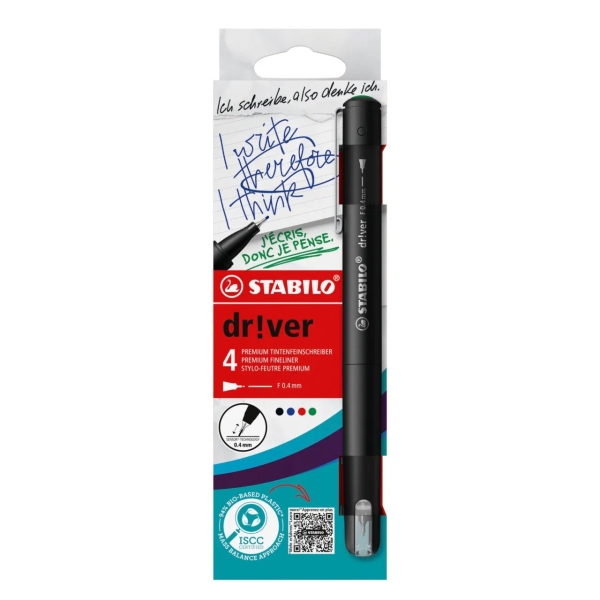 Stabilo Dr!ver Pack de 4 Rotuladores de Punta Fina 0.4mm - Tinta a Prueba de Manchas, Inodora y con 