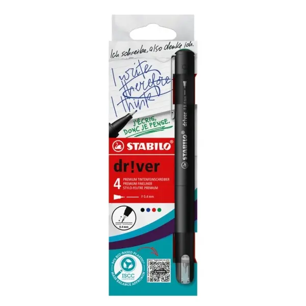 Stabilo Dr!ver Pack de 4 Rotuladores de Punta Fina 0.4mm - Tinta a Prueba de Manchas, Inodora y con 