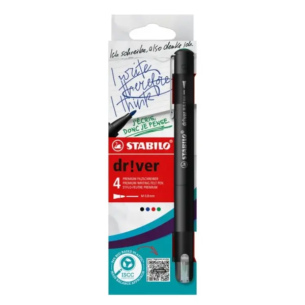 Stabilo Dr!ver Pack de 4 Rotuladores de Punta Media 0.8mm - Tinta a Prueba de Manchas, Inodora y con