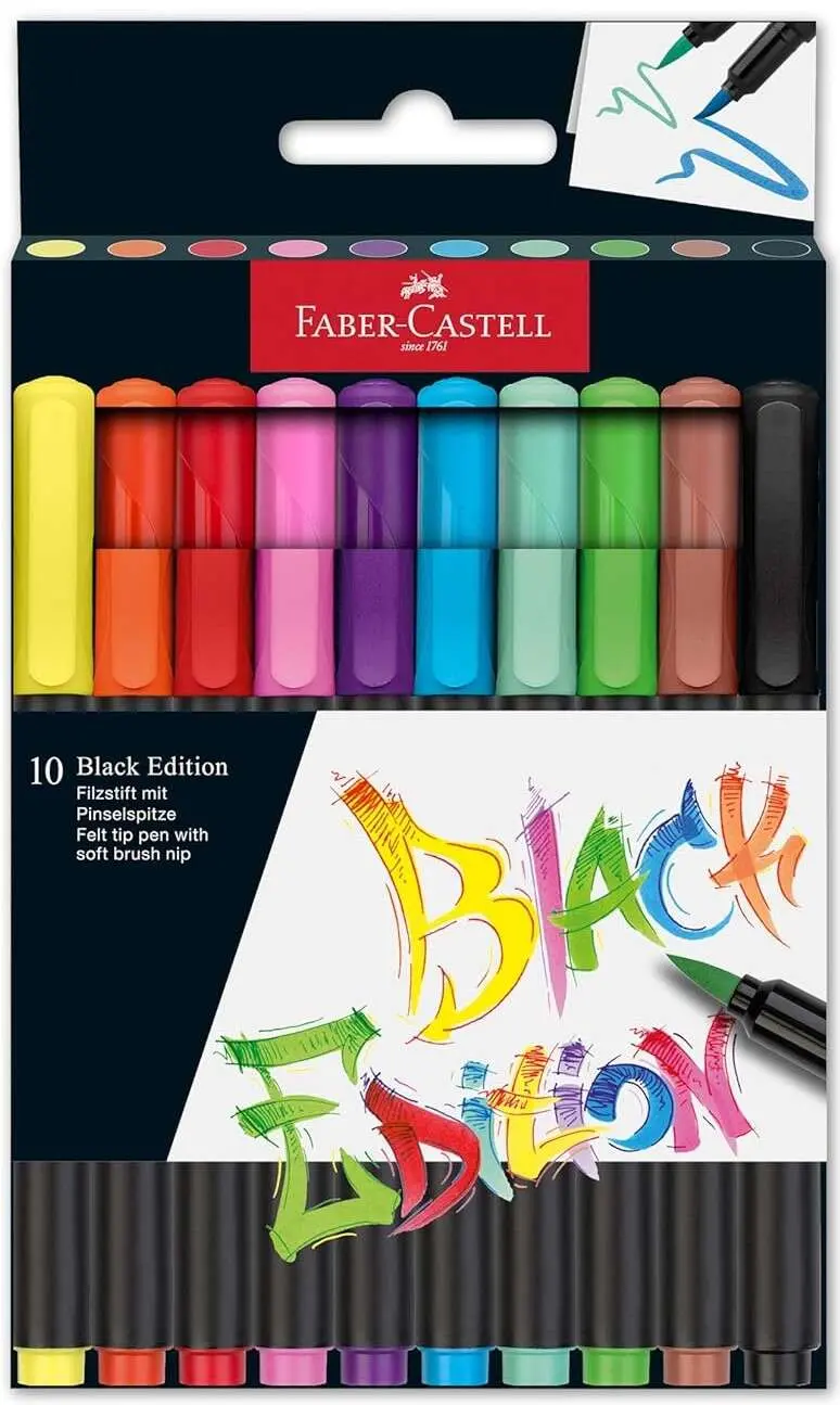 Faber-Castell Black Edition Pack de 10 Rotuladores Punta Pincel - Tinta a Base de Colorantes Aliment