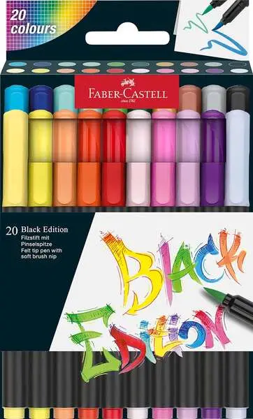Faber-Castell Black Edition Pack de 20 Rotuladores Punta Pincel - Tinta a Base de Colorantes Aliment