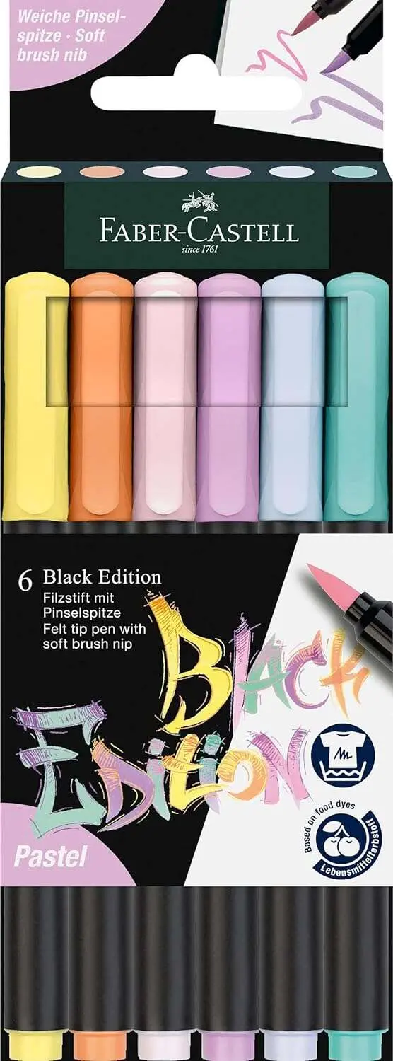 Faber-Castell Black Edition Pack de 6 Rotuladores Punta Pincel - Tinta a Base de Colorantes Alimenta