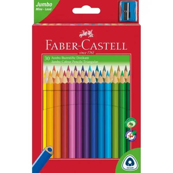 Faber-Castell Jumbo Junior Pack de 30 Lapices de Colores Triangulares + Sacapuntas - Mina Resistente
