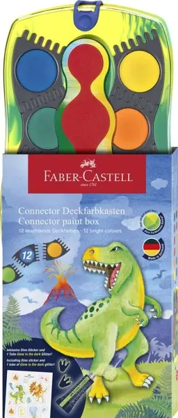 Faber-Castell Connector Dinosaurio Pack de 12 Acuarelas en Pastilla + Pintura Blanca Opaca + Pegatin