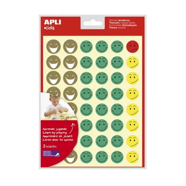 Apli Bolsa de 144 Gomets Cara Feliz - Adhesivo Removible - 4 Estilos de Caras - Fomenta Motivacion y