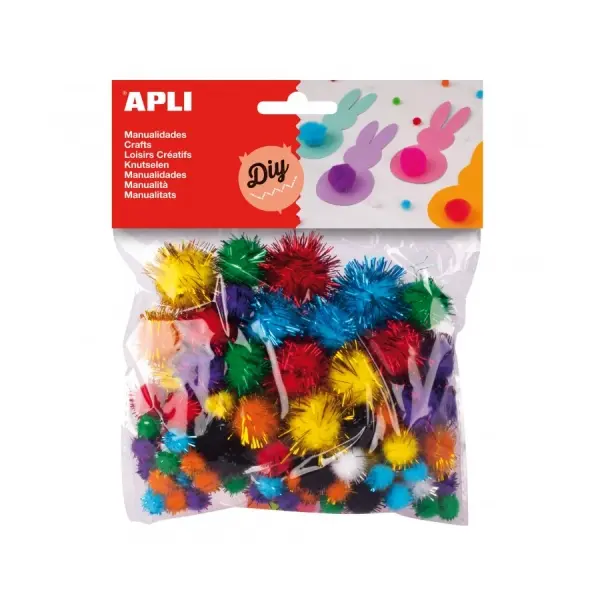 Apli Pack de 78 Pompones Brillantes - Ideal para Manualidades y Decoraciones - Estimula la Creativid