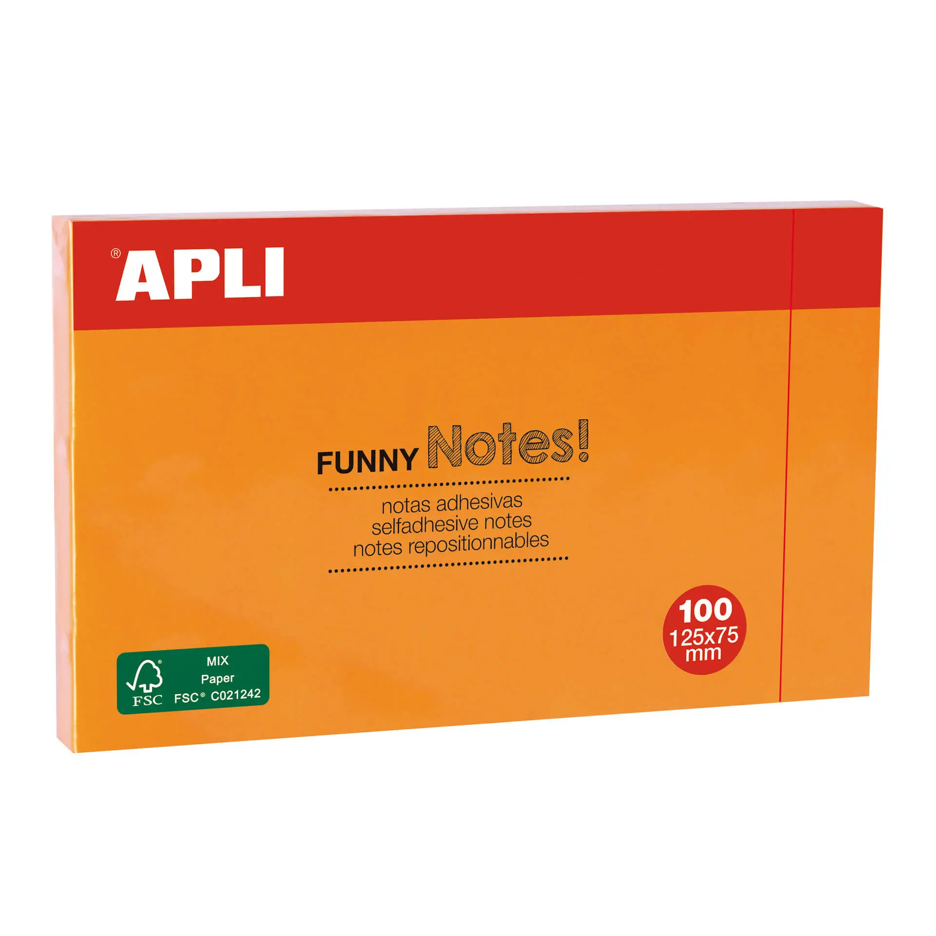 Apli Notas Adhesivas Funny 125x75mm - Bloc de 100 Hojas - Adhesivo de Calidad - Color Naranja Fluore