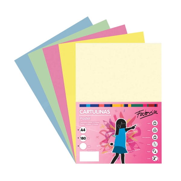 Fabrisa Pack de 50 Cartulinas 180 g/m� - Tama�o A4 - Colores Pastel Surtidos