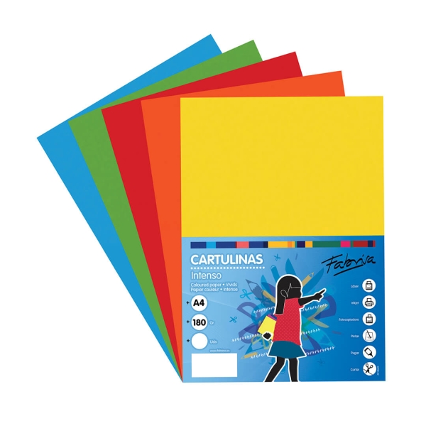 Fabrisa Pack de 50 Cartulinas 180 g/m� - Tama�o A4 - Colores Fuertes Surtidos