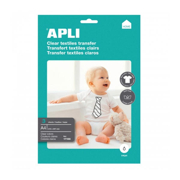 Apli Pack de 3 Hojas de Papel Transfer para Impresoras Inkjet - Ideal para Prendas Blancas y 100% Al