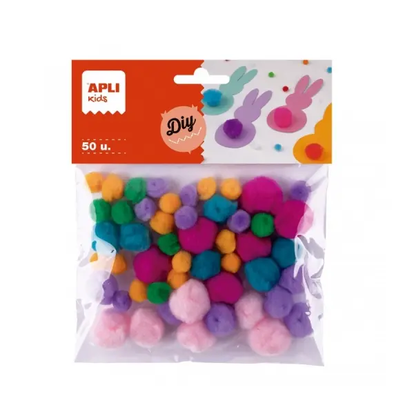 Apli Pack de 50 Pompones de Tacto Suave - Ideal para Manualidades Infantiles - Estimula la Creativid
