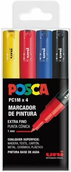 Posca PC1M Pack de 4 Marcadores de Pintura - Punta Conica 0.7mm - Tinta Base al Agua - No Permanente