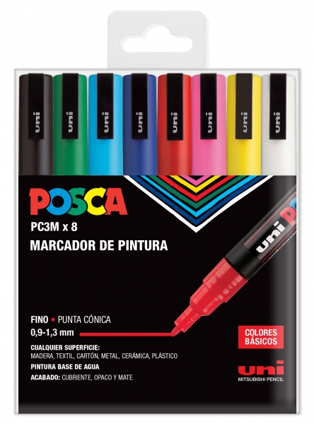 Posca PC3M Pack de 8 Marcadores de Pintura - Punta Conica 0.9-1.3mm - Tinta Base al Agua - Resistent