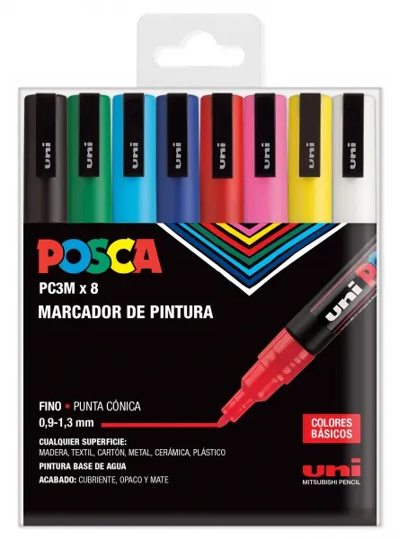 Posca PC3M Pack de 8 Marcadores de Pintura - Punta Conica 0.9-1.3mm - Tinta Base al Agua - Resistent