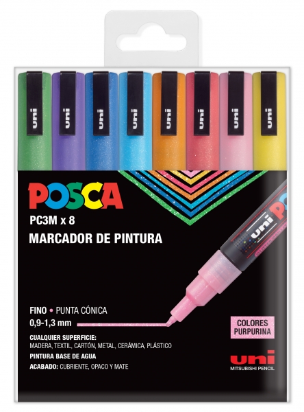 Posca PC3M Pack de 8 Marcadores de Pintura - Punta Conica 0.9-1.3mm - Tinta Base al Agua - Resistent