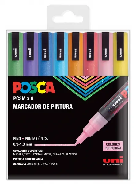 Posca PC3M Pack de 8 Marcadores de Pintura - Punta Conica 0.9-1.3mm - Tinta Base al Agua - Resistent