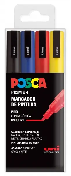 Posca PC3M Pack de 4 Marcadores de Pintura - Punta Conica 0.9-1.3mm - Tinta Base al Agua - Resistent