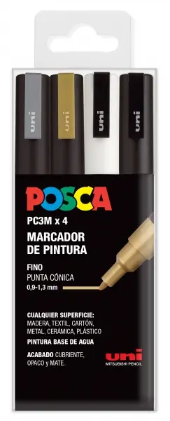 Posca PC3M Pack de 4 Marcadores de Pintura - Punta Conica 0.9-1.3mm - Tinta Base al Agua - Resistent