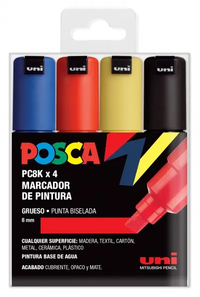 Posca PC-8K Estuche de 4 Marcadores de Pintura - Punta Biselada Acrilica 8mm - Tinta Base al Agua - 