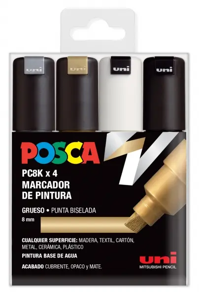 Posca PC-8K Estuche de 4 Marcadores de Pintura - Punta Biselada Acrilica 8mm - Tinta Base al Agua - 