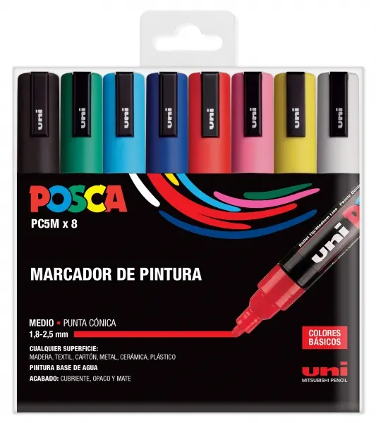 Posca PC-5M/8C Estuche de 8 Marcadores de Pintura - Punta de Poliester 1.8-2.5mm - Tinta Base al Agu