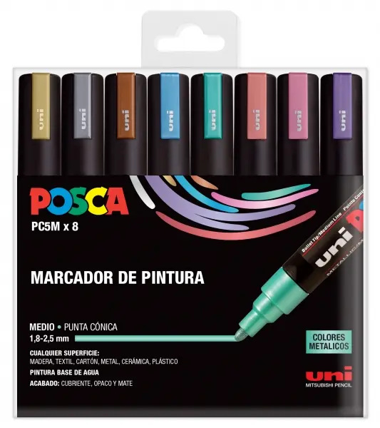 Posca PC-5M/8C Estuche de 8 Marcadores de Pintura - Punta de Bala 1.8-2.5mm - Tinta Base al Agua - R