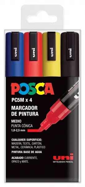 Posca PC-5M Pack de 4 Marcadores de Pintura - Punta de Bala 1.8-2.5mm - Tinta Base al Agua - No Perm